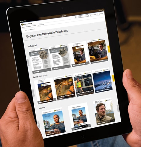 iPad muestra la página web Motores y transmisiones de Deere.com
