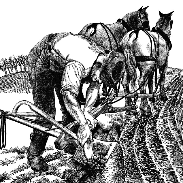 Ilustración que muestra a un granjero raspando la tierra de su arado de acero