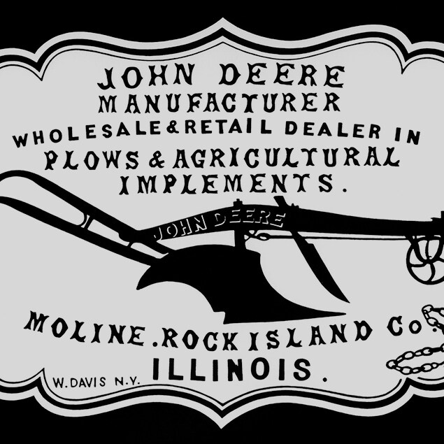 Un histórico anuncio de concesionario de 1855: "Fabricante John Deere, mayorista y minorista de arados y aperos agrícolas. Moline, Rock Island Co. Illinois"