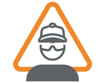 Triángulo naranja con el icono de una persona con casco y gafas de seguridad