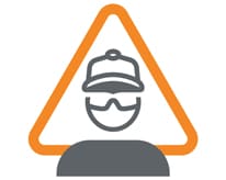 Triángulo naranja con el icono de una persona con casco y gafas de seguridad