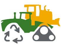 Icono verde y amarillo de equipo de rastreo con triángulo de reciclaje en lugar de una cadena de ruedas.