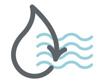 Icono de olas con icono gris de una gota de agua con una flecha que indica la sostenibilidad para reutilizarla en una fuente de agua más grande