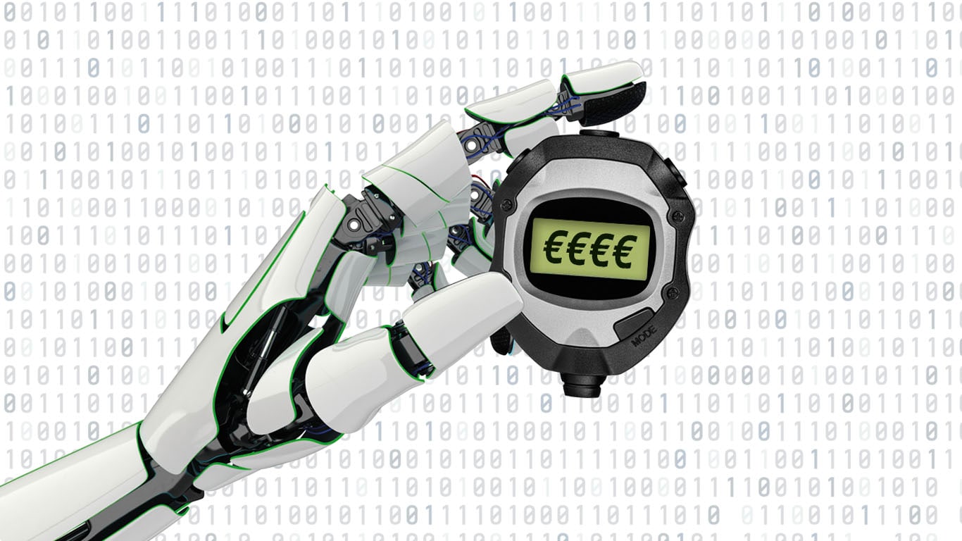 Mano de robot sosteniendo un cronómetro con las condiciones de pedido anticipado