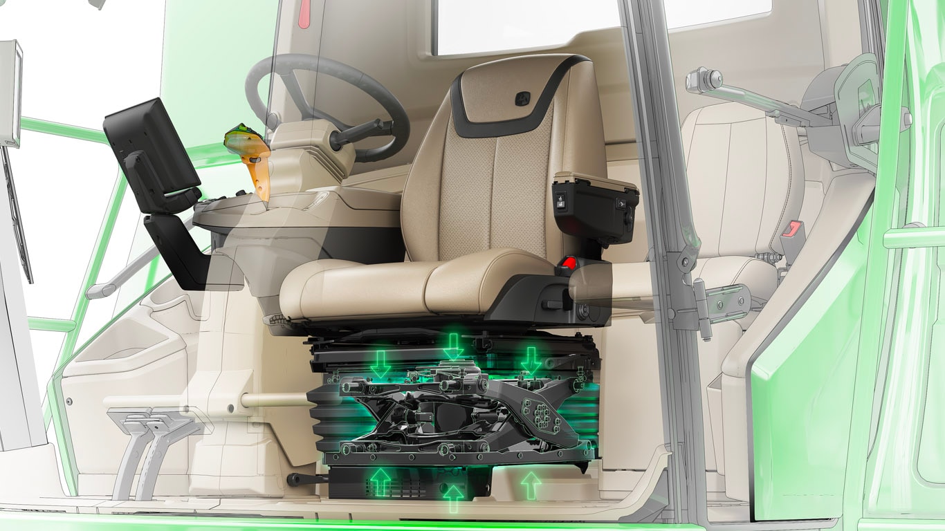 Beige vehicle seat with black accents, featuring suspension system for comfort in combine cab