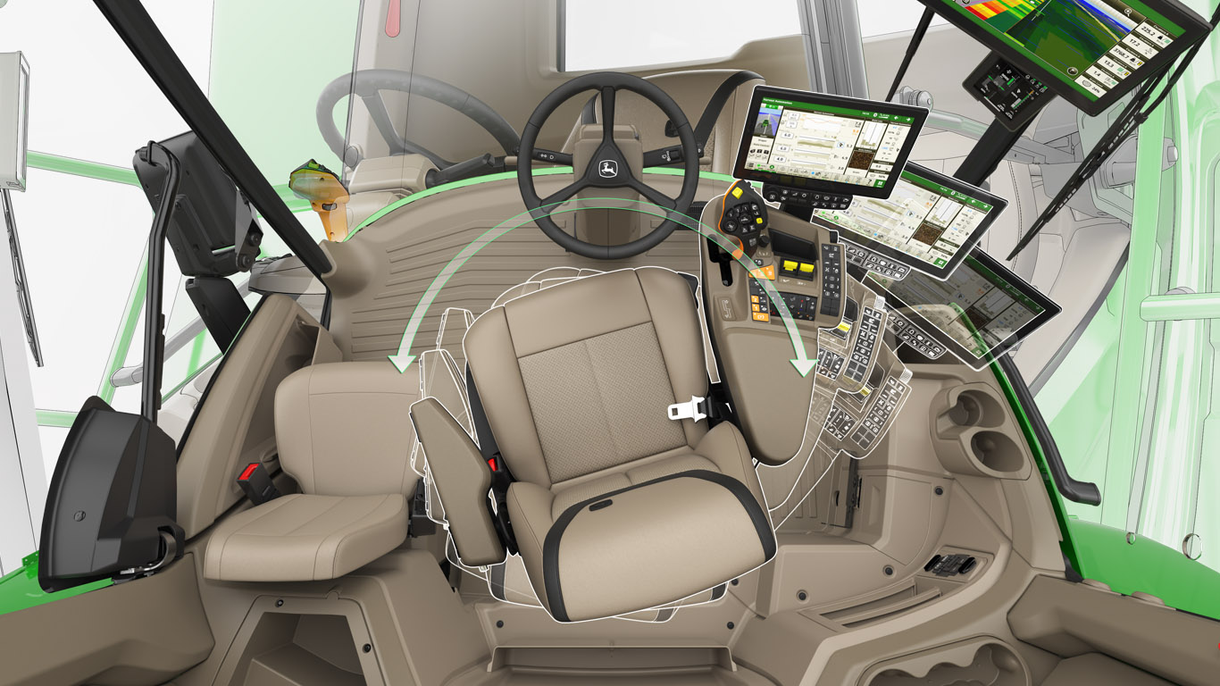 Rotatable driver's seat and control area with screens and levers in a combine's interior.