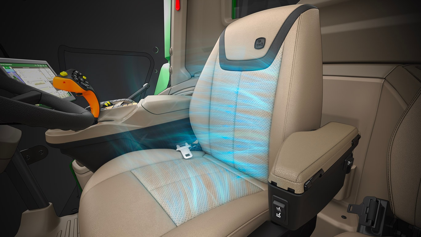 Beige car seat with ventilation, featuring perforated sections and blue airflow lines for cooling.
