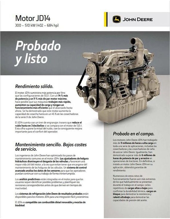 Vista previa de la cubierta del folleto con una imagen de un motor JD14