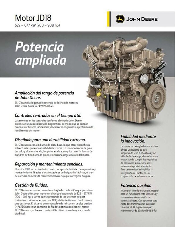 Vista previa de la cubierta del folleto con una imagen de un motor JD18