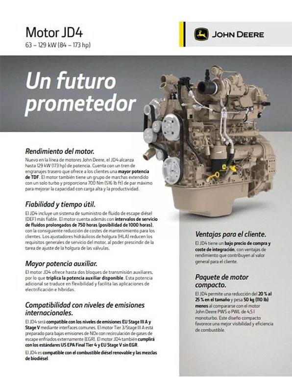 Vista previa de la cubierta del folleto con una imagen de un motor JD4