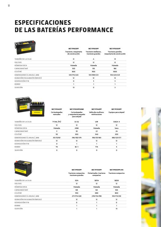 Especificaciones de las baterías Performance